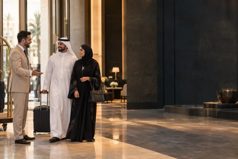 مشهد تعبيري لاستقبال الضيوف والترحيب بهم داخل فندق راقٍ